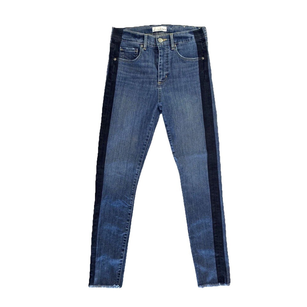 LOFT Tuxedo Stripe Fringed Hem High Waist Skinny Jeans Sz 4 27 Blue Minimalist